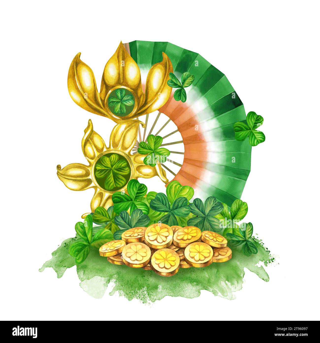 Éventail aquarelle, broche or, pièces de monnaie et trèfle vert. Conception d'une illustration lumineuse de bijoux pour St. Patrick's Day, magie, trésors, souhaits de goo Banque D'Images