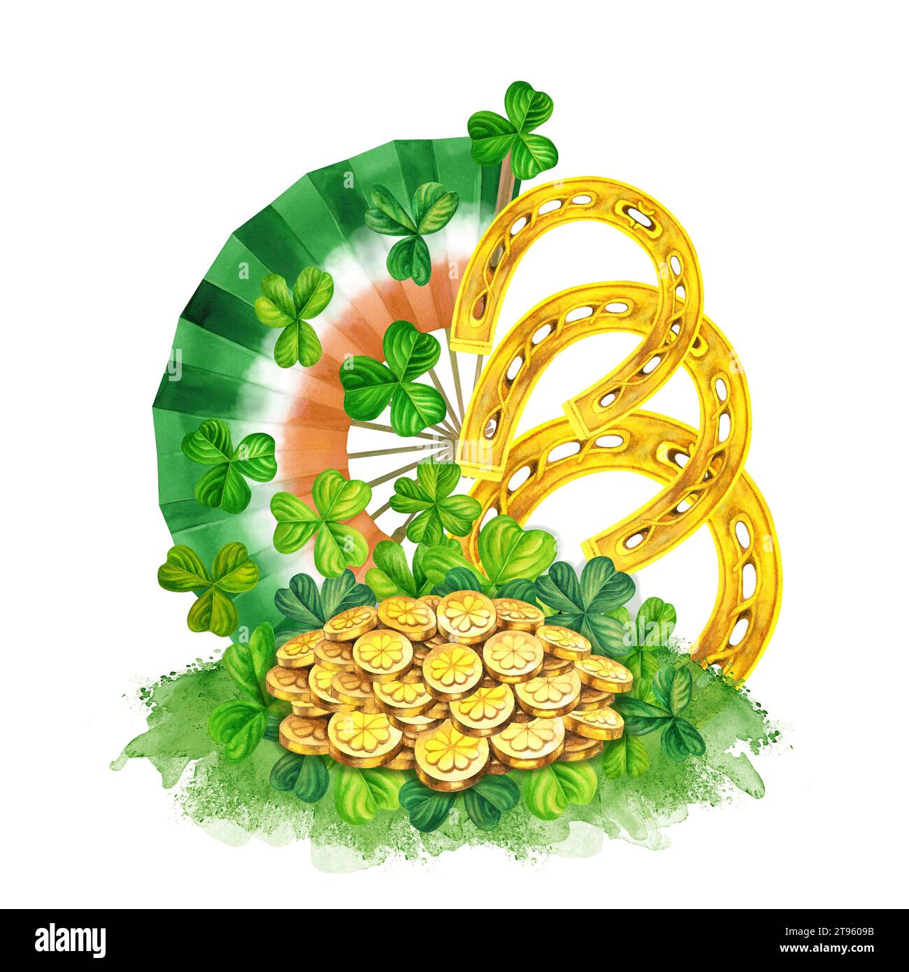 Éventail d'aquarelle, fer à cheval, pièces de monnaie et shamrock vert. Conception d'une illustration lumineuse de bijoux pour St. Patrick's Day, magie, trésors, souhaits de goo Banque D'Images