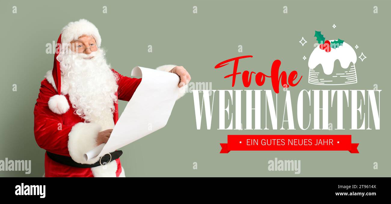 Texte FROHE WEIHNACHTEN (allemand pour Joyeux Noël) et Père Noël avec liste sur fond vert Photo