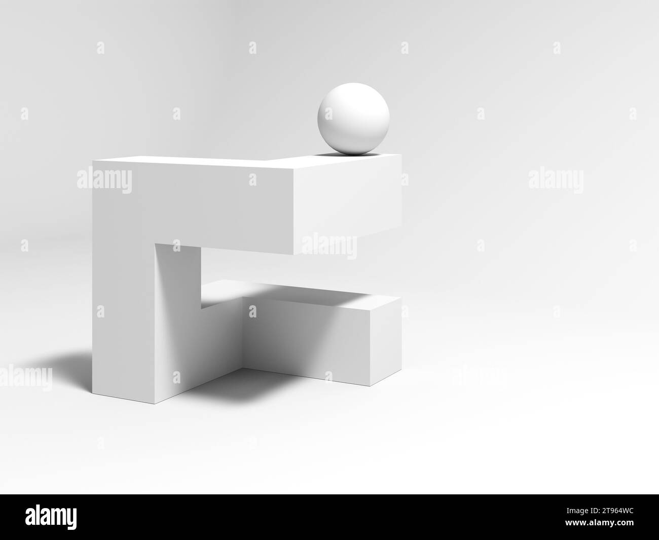 Installation géométrique blanche abstraite avec une sphère posée sur un objet cubique, illustration de rendu 3D. Banque D'Images