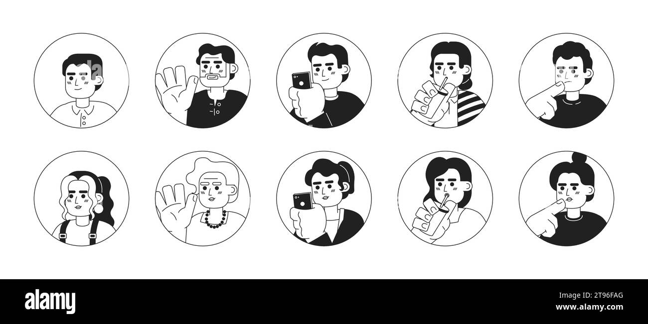 Pack d'illustrations d'avatars vectoriels 2D hispaniques latino-américains en noir et blanc Illustration de Vecteur