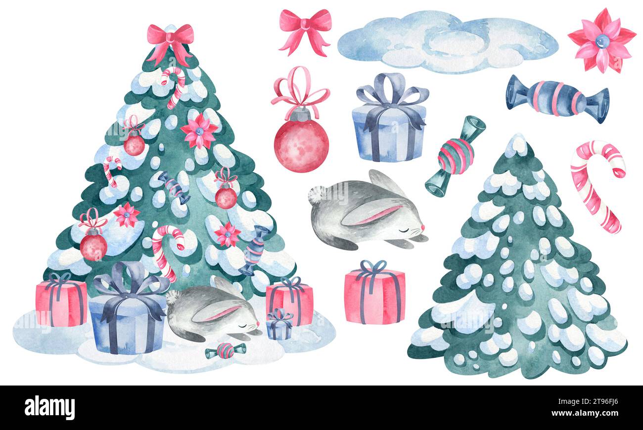 Arbre de Noël avec lapins et cadeaux. Illustration de bébé aquarelle du concepteur sur un fond isolé. Banque D'Images