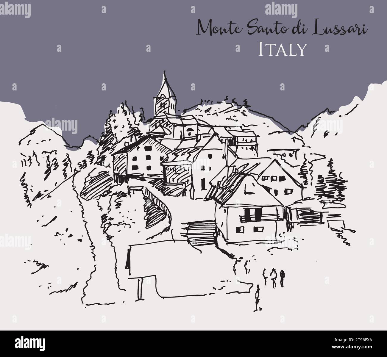Illustration vectorielle dessinée à la main du Monte Santo di Lussari, une petite station de ski dans le nord de l'Italie. Illustration de Vecteur