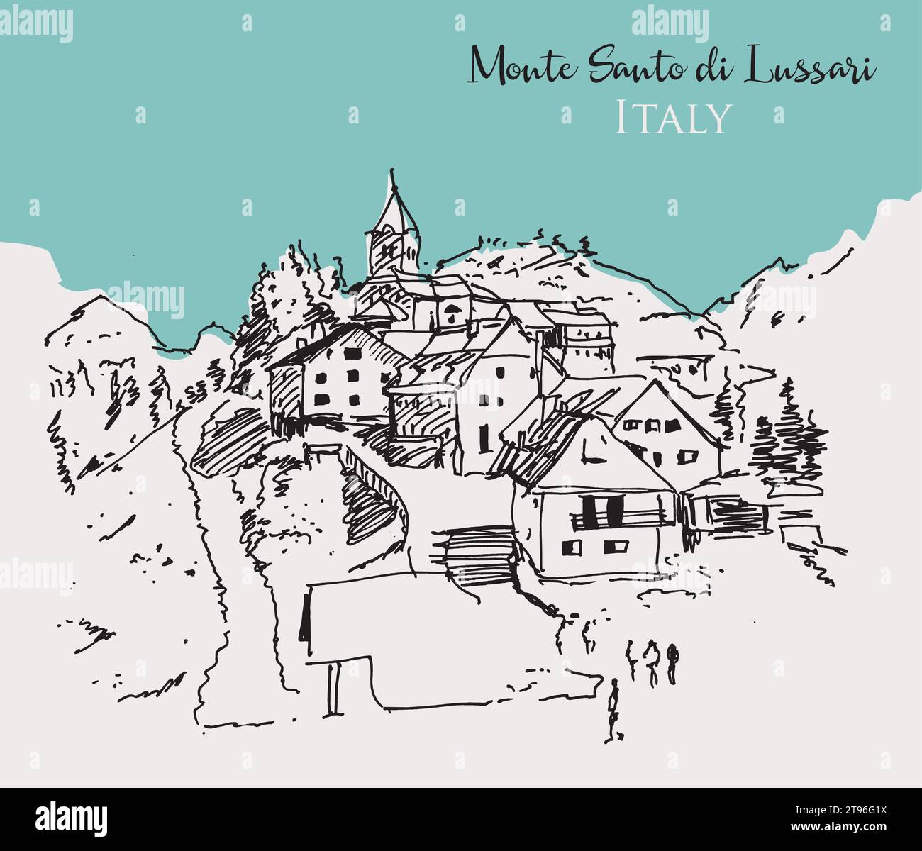 Illustration vectorielle dessinée à la main du Monte Santo di Lussari, une petite station de ski dans le nord de l'Italie. Illustration de Vecteur