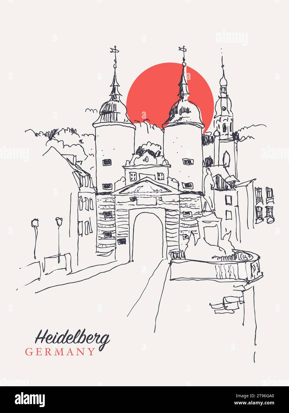 Illustration vectorielle dessinée à la main du pont en arc Karl Theodor à Heidelberg qui traverse la rivière Neckar, en Allemagne Illustration de Vecteur