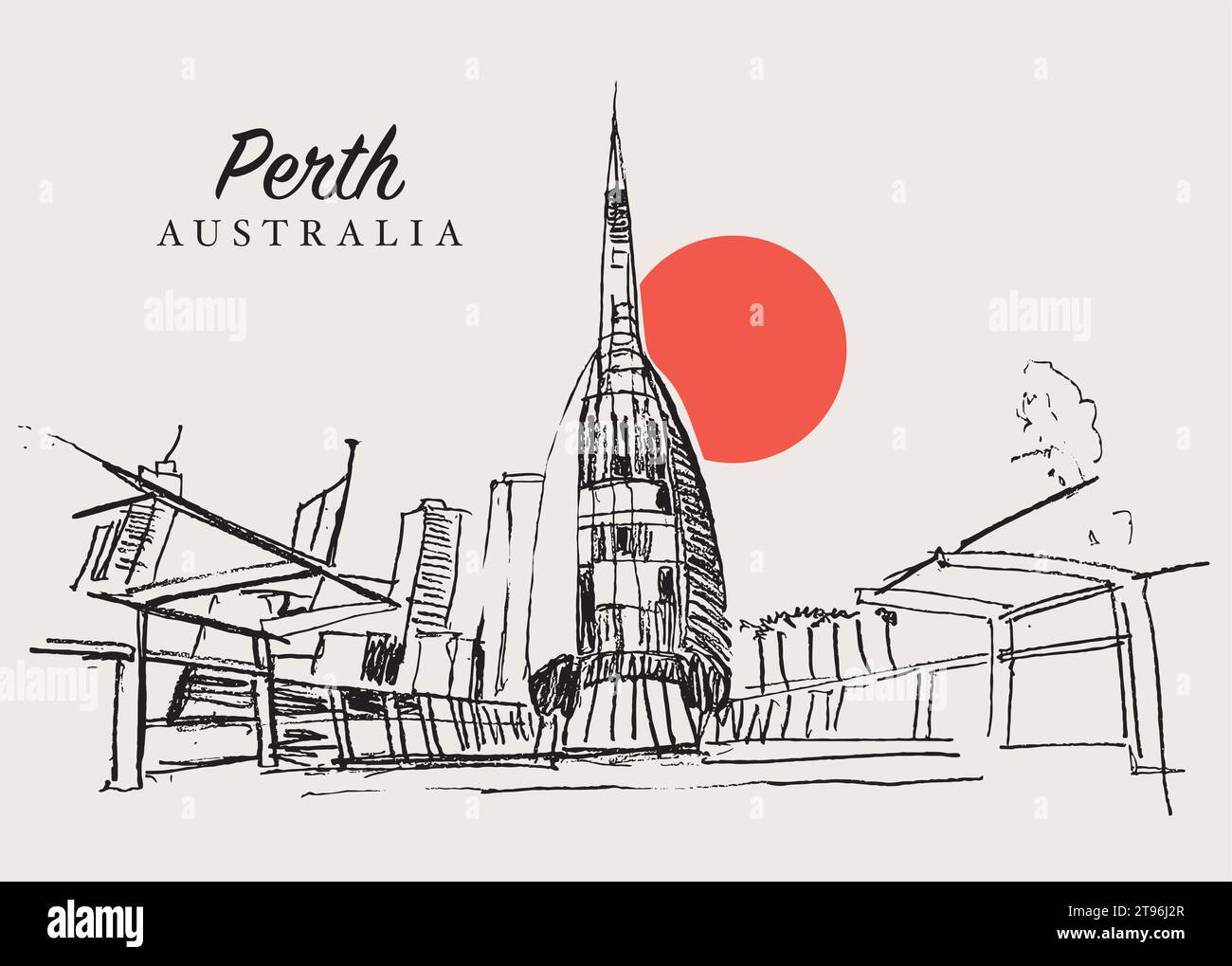 Illustration vectorielle dessinée à la main des Swan Bells, un clocher moderne à Perth, Australie occidentale. Illustration de Vecteur