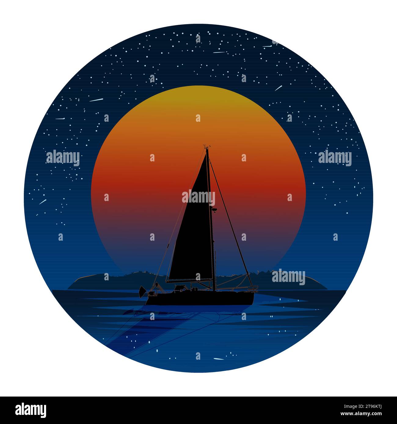 Voilier et paysage marin sur cercle. Rivage de mer du soir avec lune et silhouette de yacht. Bateau naviguant dans la rivière ou le lac à la côte. Navire, nuit et littoral Illustration de Vecteur