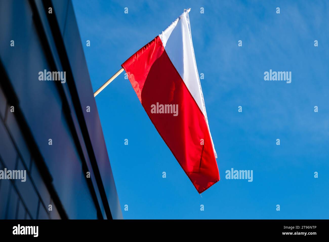 Drapeau polonais sur fond de ciel bleu Banque D'Images