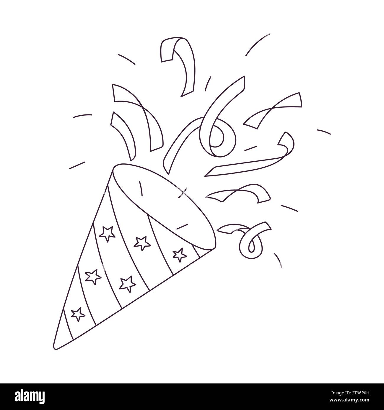 Poppers dessinés à la main avec confettis et rubans. Elément décoratif festif et festif. Illustration vectorielle de doodle de contour noir et blanc isolée sur Illustration de Vecteur
