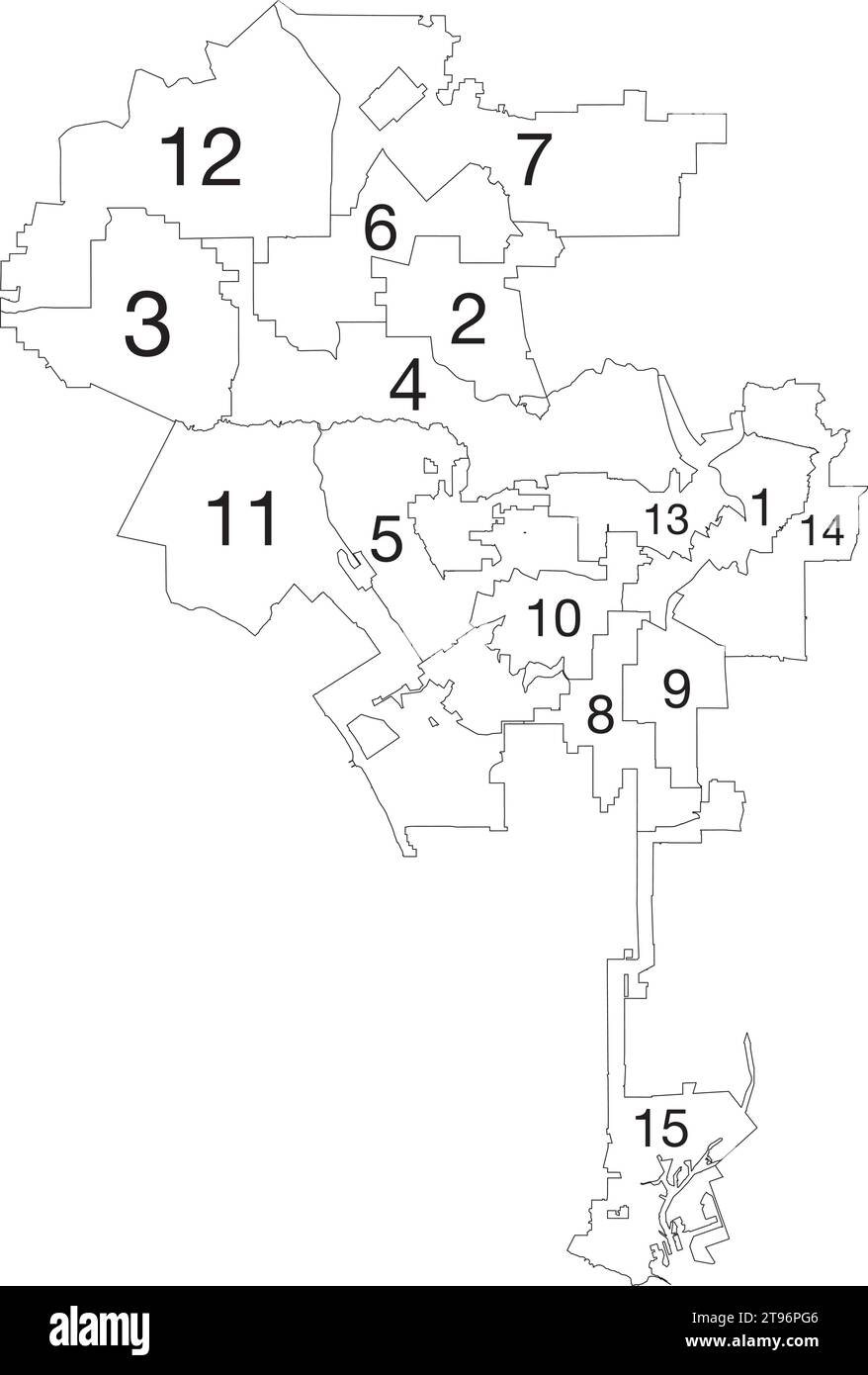 Carte des villes marquées en blanc des CONSEILS MUNICIPAUX DE LOS ANGELES, ÉTATS-UNIS Illustration de Vecteur