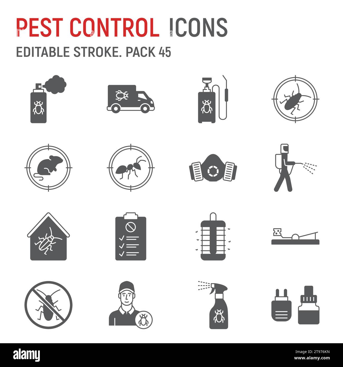 Jeu d'icônes de glyphes de lutte antiparasitaire, collection d'extermination, graphiques vectoriels, illustrations de logo, icônes vectorielles de service de lutte antiparasitaire, signes d'insectes, pictogrammes pleins, trait modifiable Illustration de Vecteur