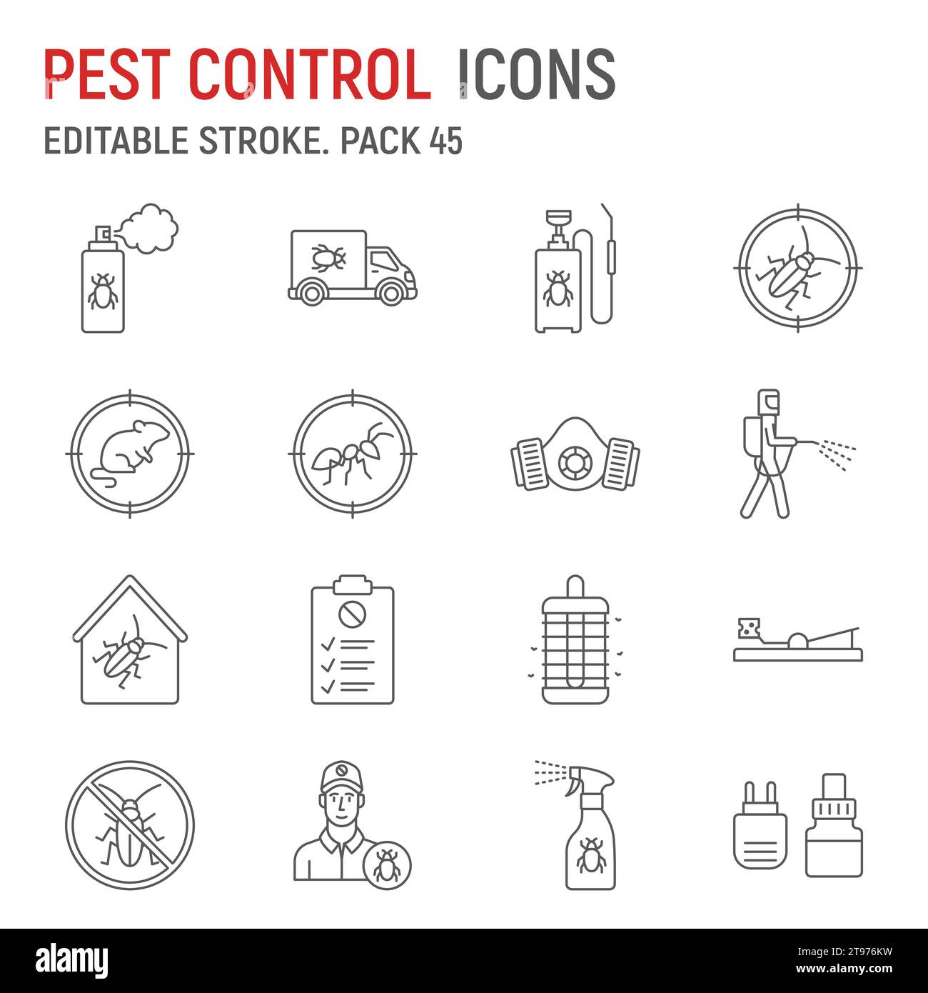 Jeu d'icônes de ligne de lutte antiparasitaire, collection d'extermination, graphiques vectoriels, illustrations de logo, icônes vectorielles de service de lutte antiparasitaire, panneaux d'insectes, pictogrammes de contour, trait modifiable Illustration de Vecteur