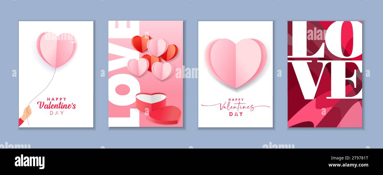 Ensemble de cartes de voeux ou affiches modernes pour la Saint-Valentin. Coeurs en papier rose 3d avec boîte cadeau, AMOUR typographique sur fond géométrique Illustration de Vecteur