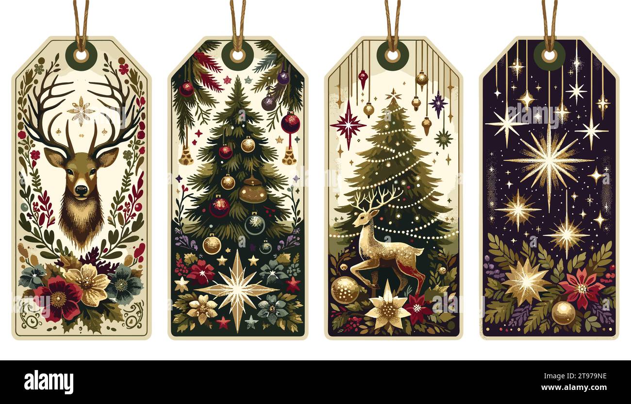 Un ensemble de quatre étiquettes cadeau de Noël vintage, espacées pour plus de clarté. Chaque étiquette regorge de couleurs et de détails Illustration de Vecteur