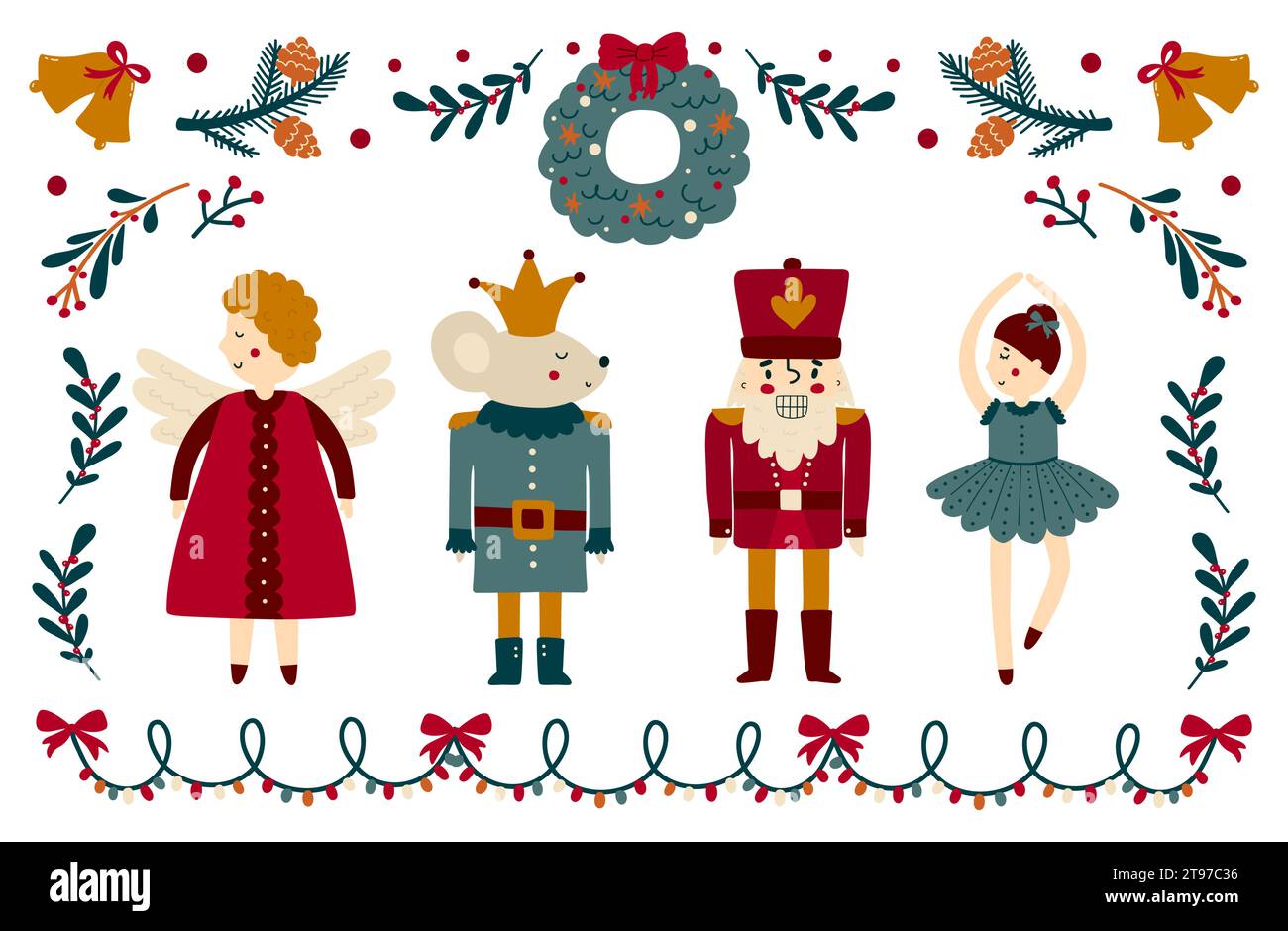 Ensemble coloré de personnages de Noël casse-noisette, ballerine, souris et ange. Statues de vacances. Illustration de Vecteur
