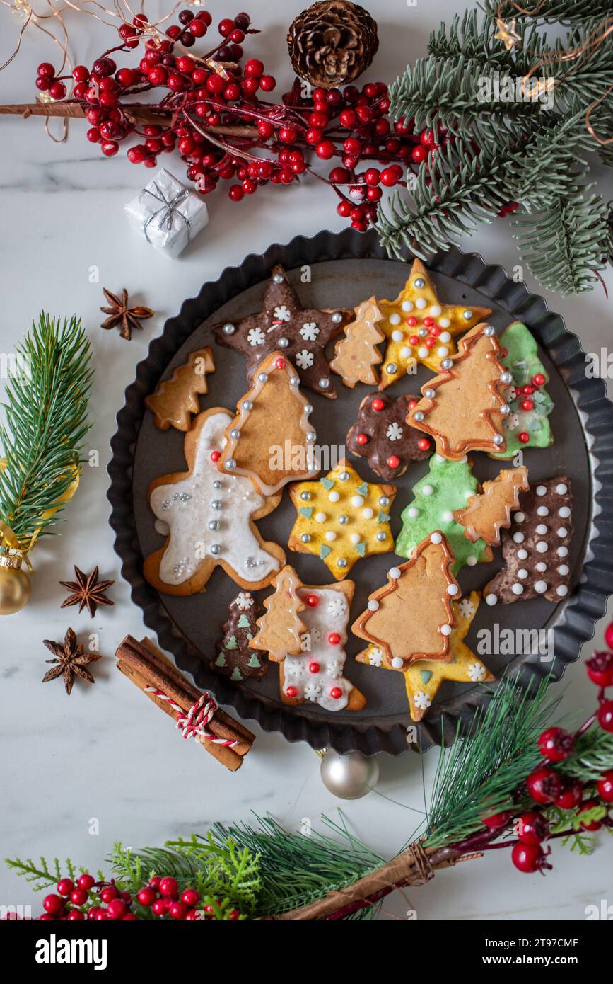 Biscuits au gingembre faits maison avec glaçage coloré Banque D'Images