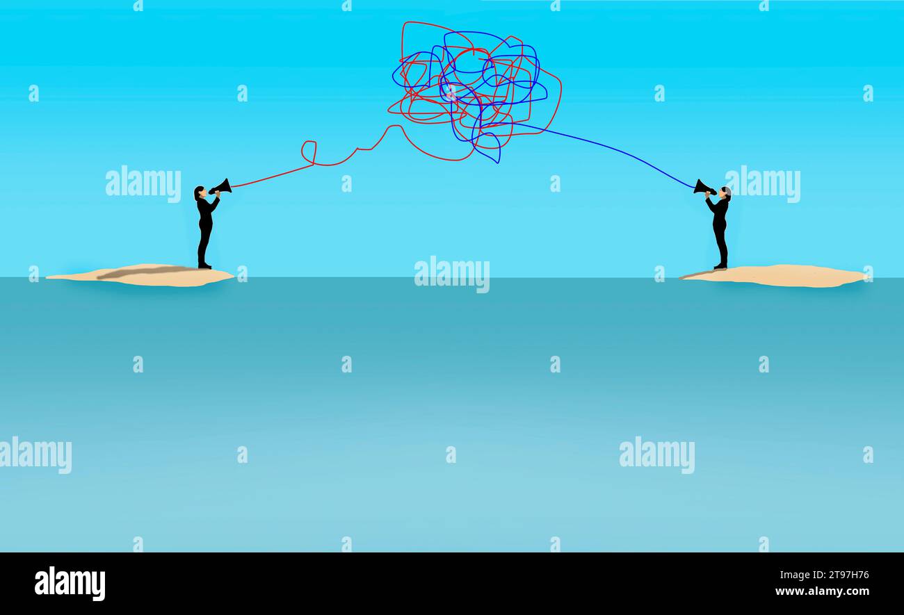 Les gens communiquent par mégaphone avec des lignes enchevêtrées sur l'île Banque D'Images