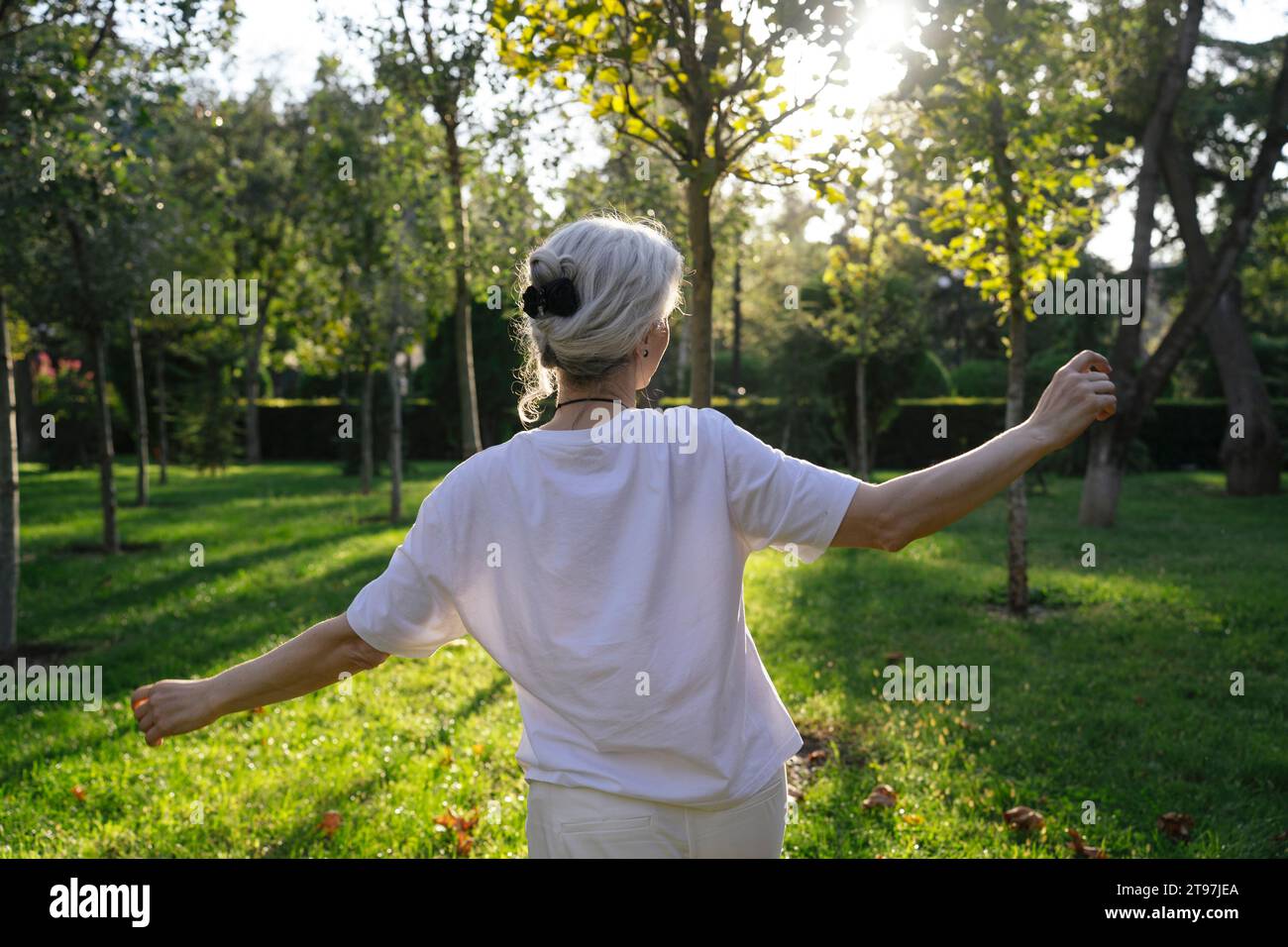 Femme mature avec les bras tendus appréciant dans le parc Banque D'Images