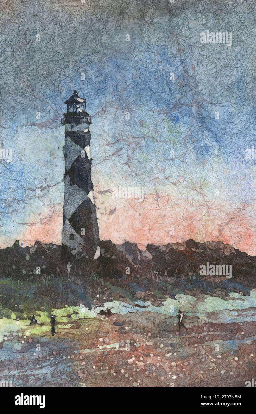 Paysage coloré Cape Hatteras phare aquarelle batik peinture, article fait à la main Voyage Essentials Beach House décor giclée (imprimer) Banque D'Images