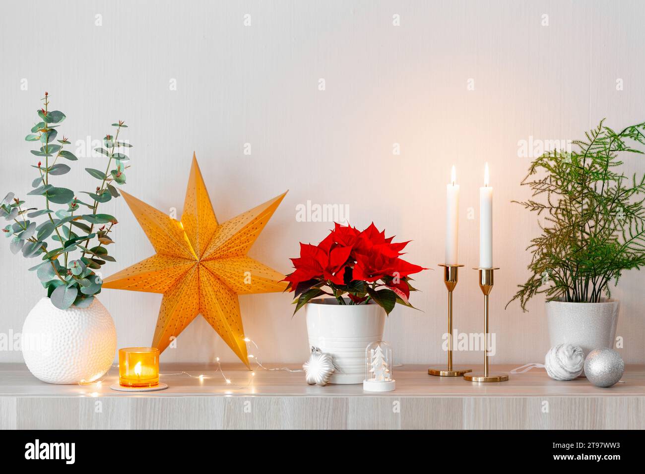 décoration intérieure festive, concept hiver noël, fleur de poinsettia blanche, lumières Banque D'Images