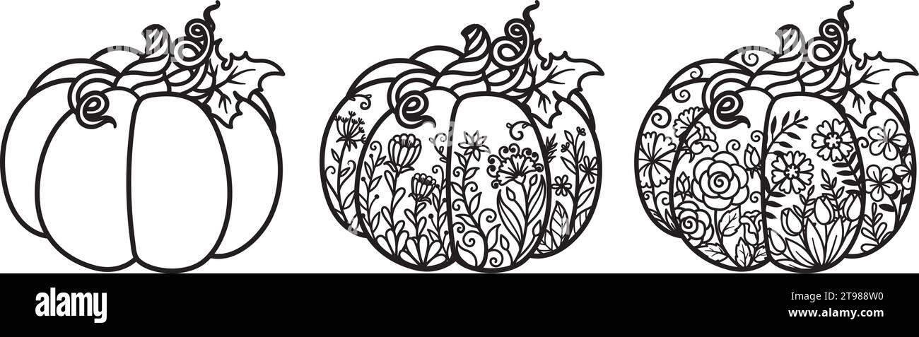 3 styles de pumkins pour la page de coloriage, gravure, conception de t-shirt, découpe au laser et ainsi de suite. Halloween, Thanks Giving, automne, concept d'automne. Vector illustra Illustration de Vecteur