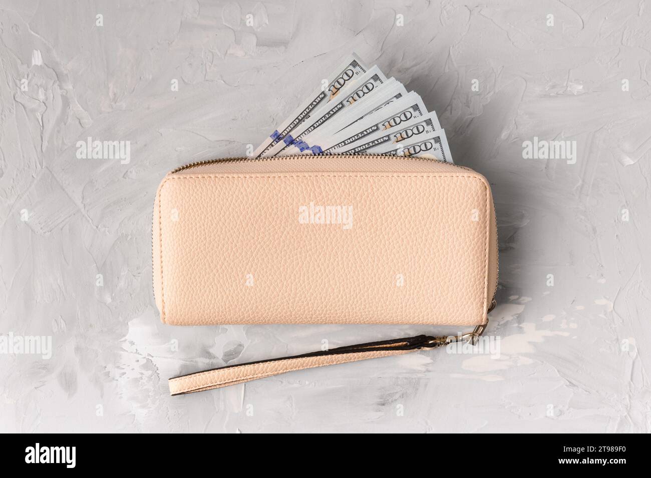 Portefeuille élégant avec des billets de 100 dollars sur un fond gris clair, vue de dessus. Le concept d'entreprise, de finance, de richesse, de réussite, de finance Banque D'Images