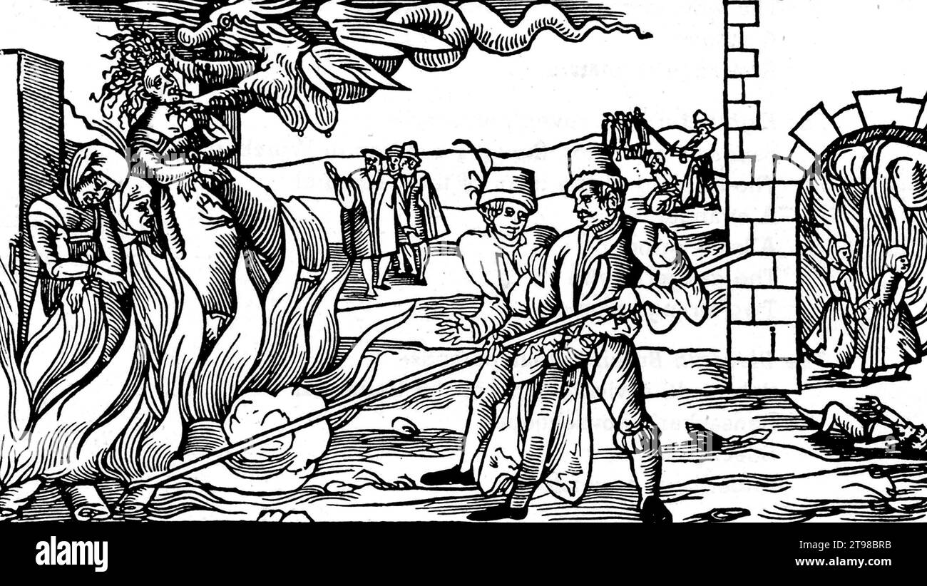 Brûlure de sorcière. Trois sorcières brûlées vives, pamphlet allemand du 16e siècle Banque D'Images