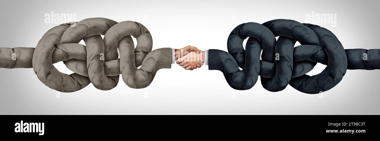 Les défis de contrat de contrat comme les gens d'affaires se serrant la main comme une poignée de main d'entreprise pour un partenariat comme deux difficultés de gens d'affaires Banque D'Images