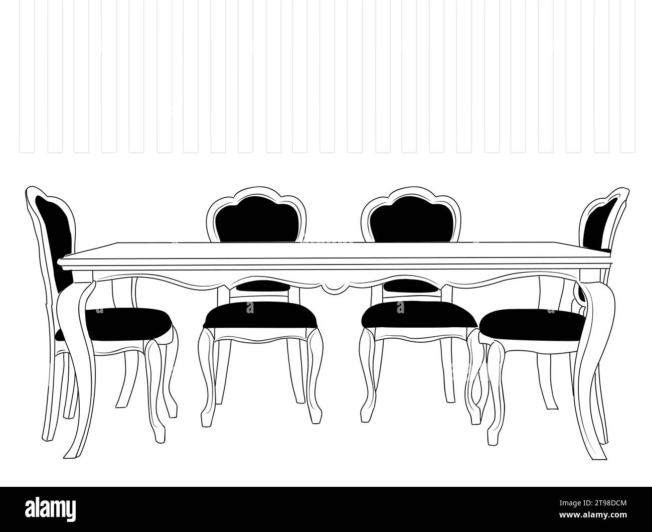Table à manger et chaises dessinées à la main. Illustration de Vecteur