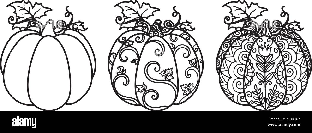 3 styles de pumkins pour la page de coloriage, gravure, conception de t-shirt, découpe au laser et ainsi de suite. Halloween, Thanks Giving, automne, concept d'automne. Vector illustra Illustration de Vecteur