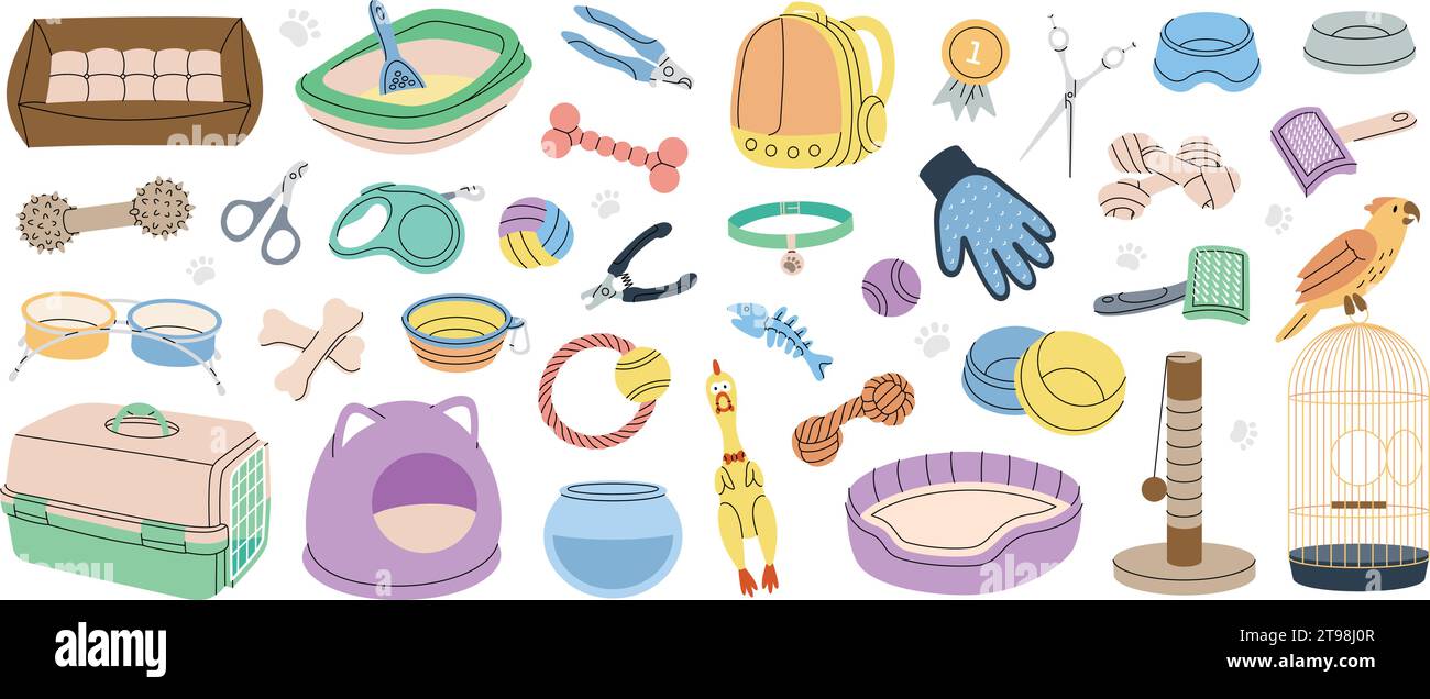 Ensemble de fournitures pour animaux. Accessoires pour animaux de compagnie. Oreiller de couchage, jouet à mâcher, médaille, ciseaux, coupe-ongles, brosse, enlèvement de fourrure, aquarium, porte-sac à dos Illustration de Vecteur