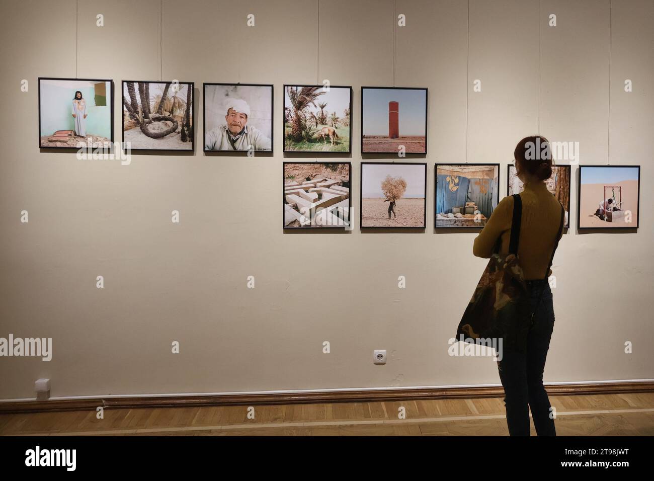 Une femme regarde des photographies sur le mur des participants au concours World Press photo, présenté lors de l'exposition. Une exposition de photographies du concours World Press photo a lieu à Kiev. Banque D'Images