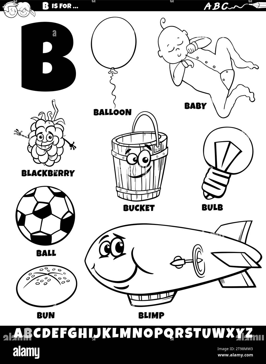 Illustration de dessin animé d'objets et de caractères définis pour la lettre B coloriage page Illustration de Vecteur