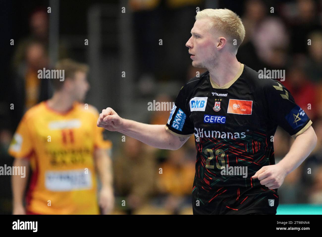 Magnus Saugstrup (Magdeburg 23) lors de la Ligue des Champions de l'EHF : GOG - SC Magdeburg à Odense, jeudi 23 novembre 2023.. (Photo : Claus Fisker / Ritzau Scanpix) Banque D'Images