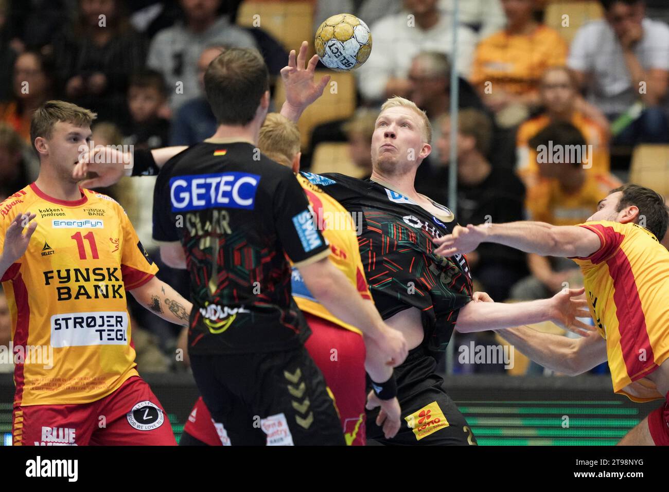 Magnus Saugstrup (Magdeburg 23) lors de la Ligue des Champions de l'EHF : GOG - SC Magdeburg à Odense, jeudi 23 novembre 2023.. (Photo : Claus Fisker / Ritzau Scanpix) Banque D'Images