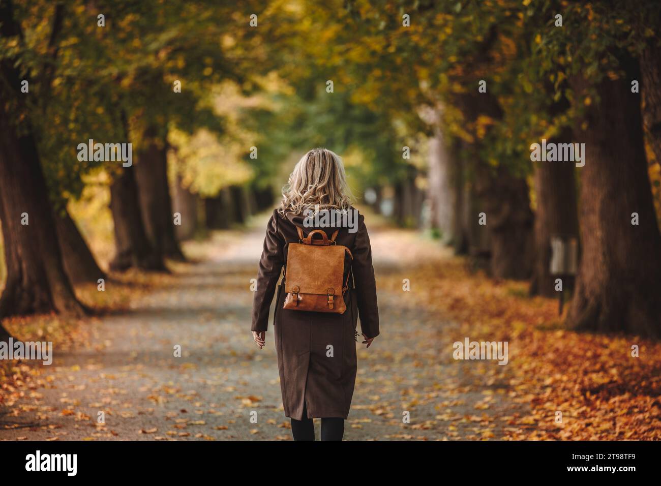 Femme élégante avec trench coat brun et sac à dos marche dans l'allée au parc d'automne. Beauté et mode de vie Banque D'Images