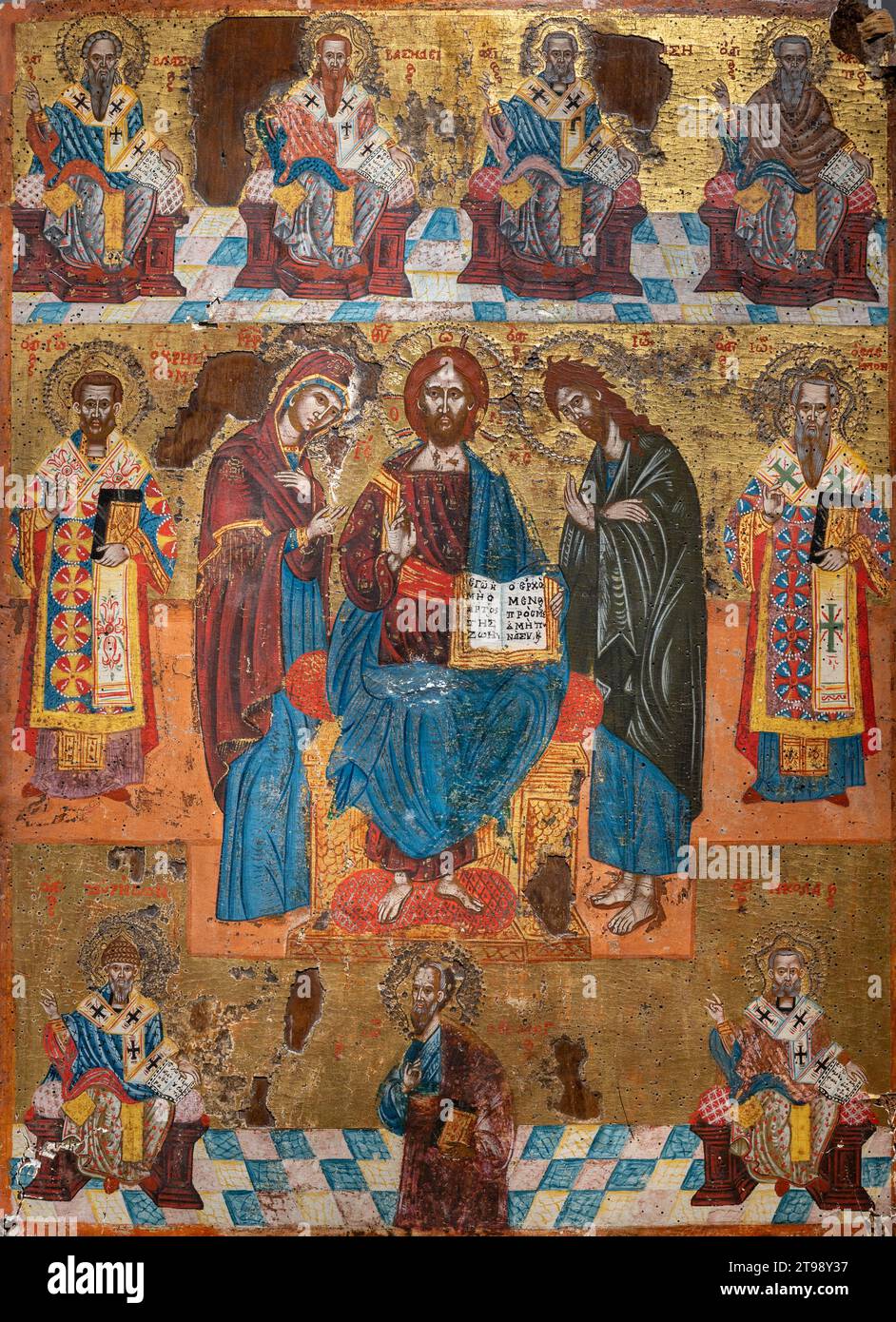 Déesis avec Saints. 17e siècle, par un peintre inconnu de Crète. Monastère de Žitomislić, Bosnie-Herzégovine. Banque D'Images