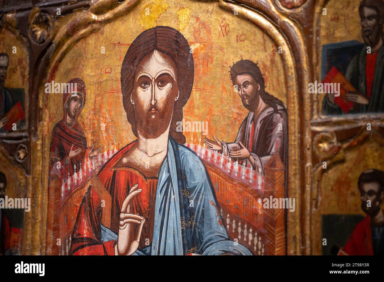 Icône de table d'autel Deesis avec les apôtres. XVIIe siècle, par un peintre serbe inconnu. Monastère de Žitomislić, Bosnie-Herzégovine. Banque D'Images