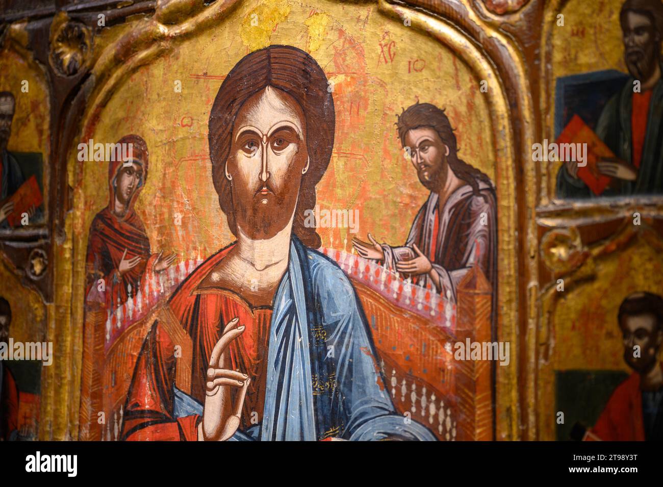 Icône de table d'autel Deesis avec les apôtres. XVIIe siècle, par un peintre serbe inconnu. Monastère de Žitomislić, Bosnie-Herzégovine. Banque D'Images
