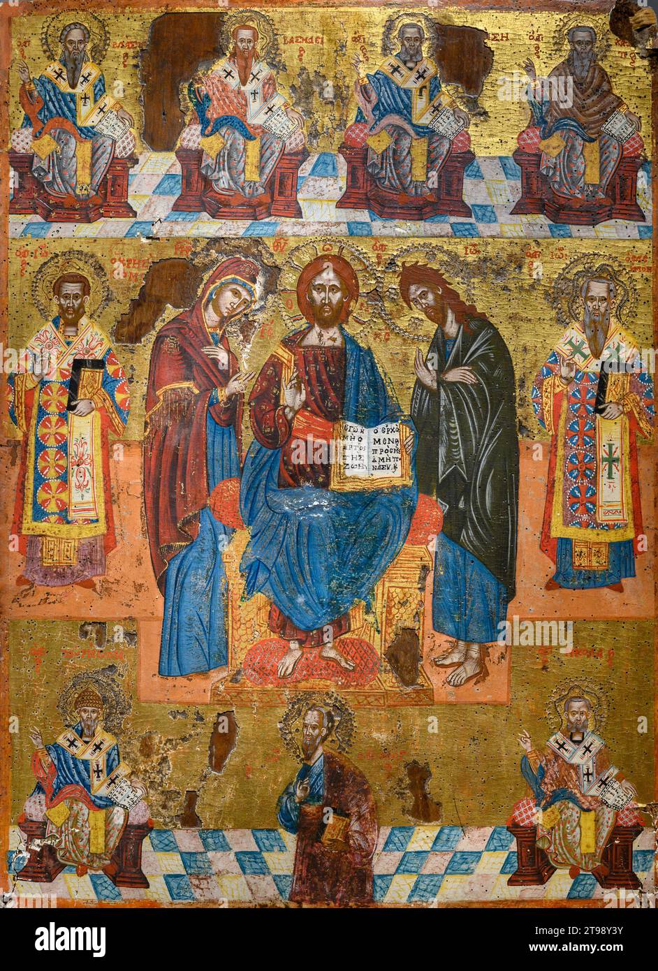 Déesis avec Saints. 17e siècle, par un peintre inconnu de Crète. Monastère de Žitomislić, Bosnie-Herzégovine. Banque D'Images