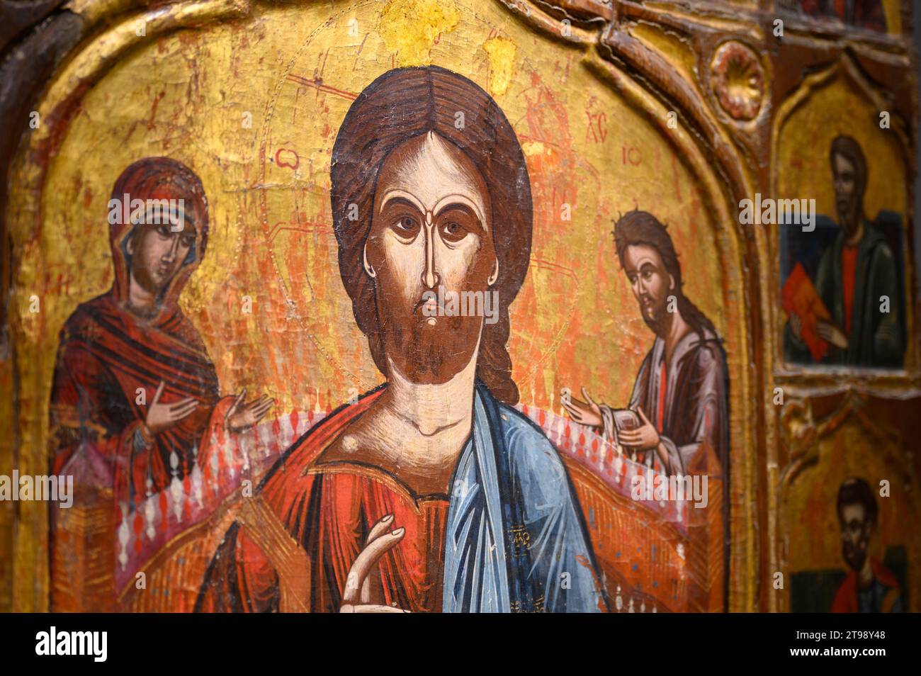 Icône de table d'autel Deesis avec les apôtres. XVIIe siècle, par un peintre serbe inconnu. Monastère de Žitomislić, Bosnie-Herzégovine. Banque D'Images