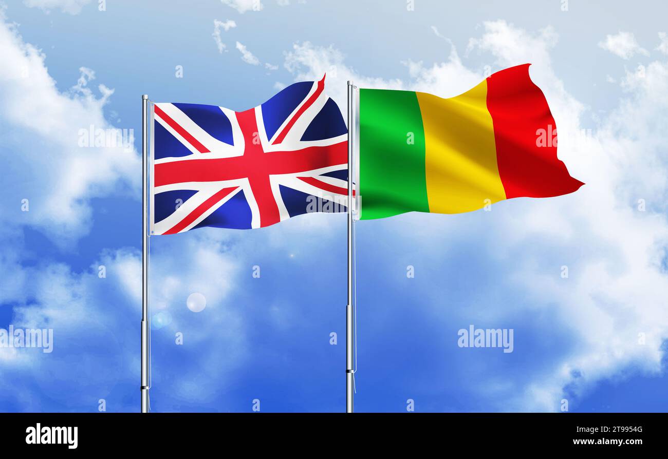 Mali, drapeaux britanniques ensemble agitant contre le ciel bleu Banque D'Images