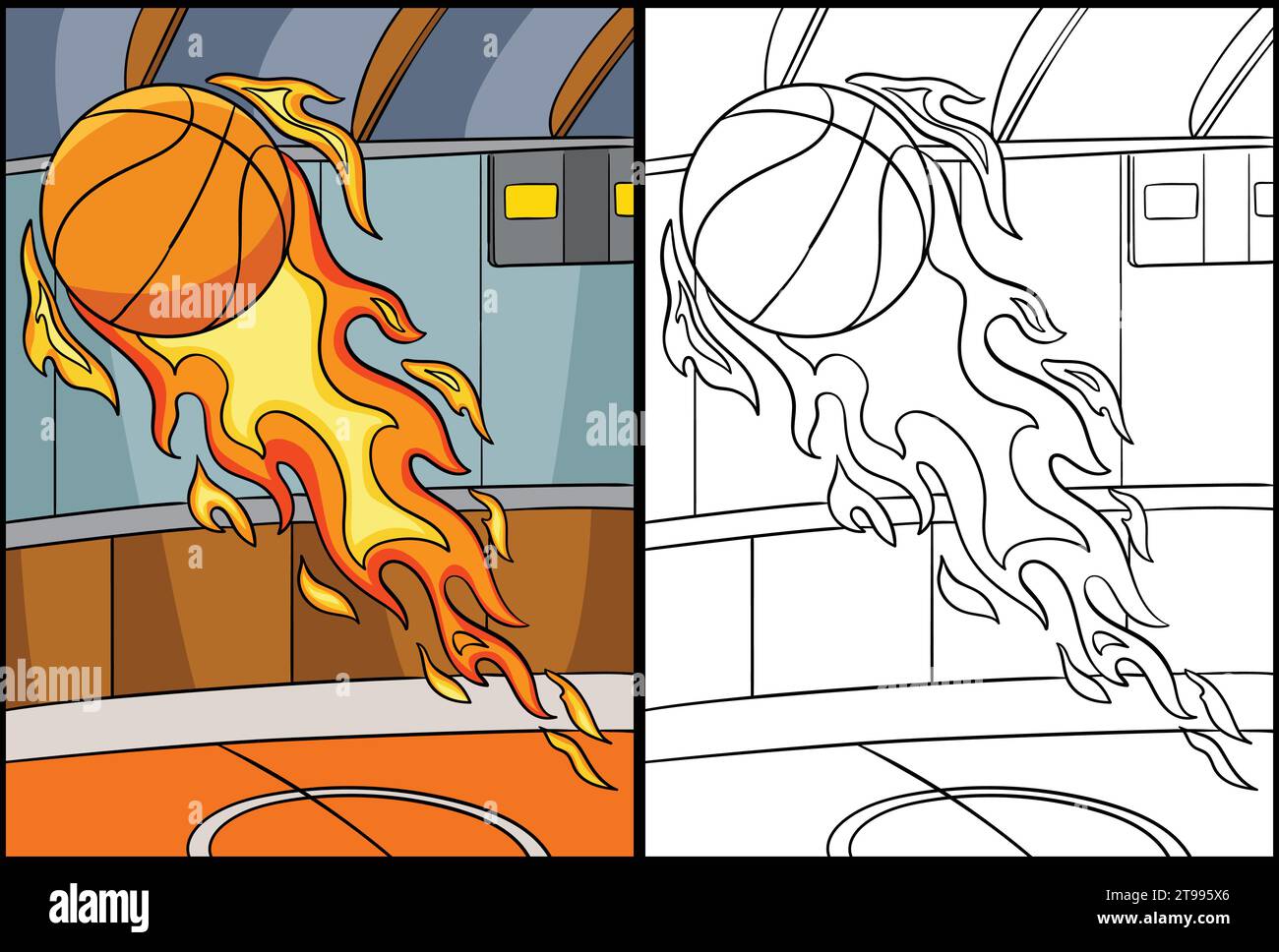 Balle de basket-ball dans l'illustration de page de coloriage de feu Illustration de Vecteur