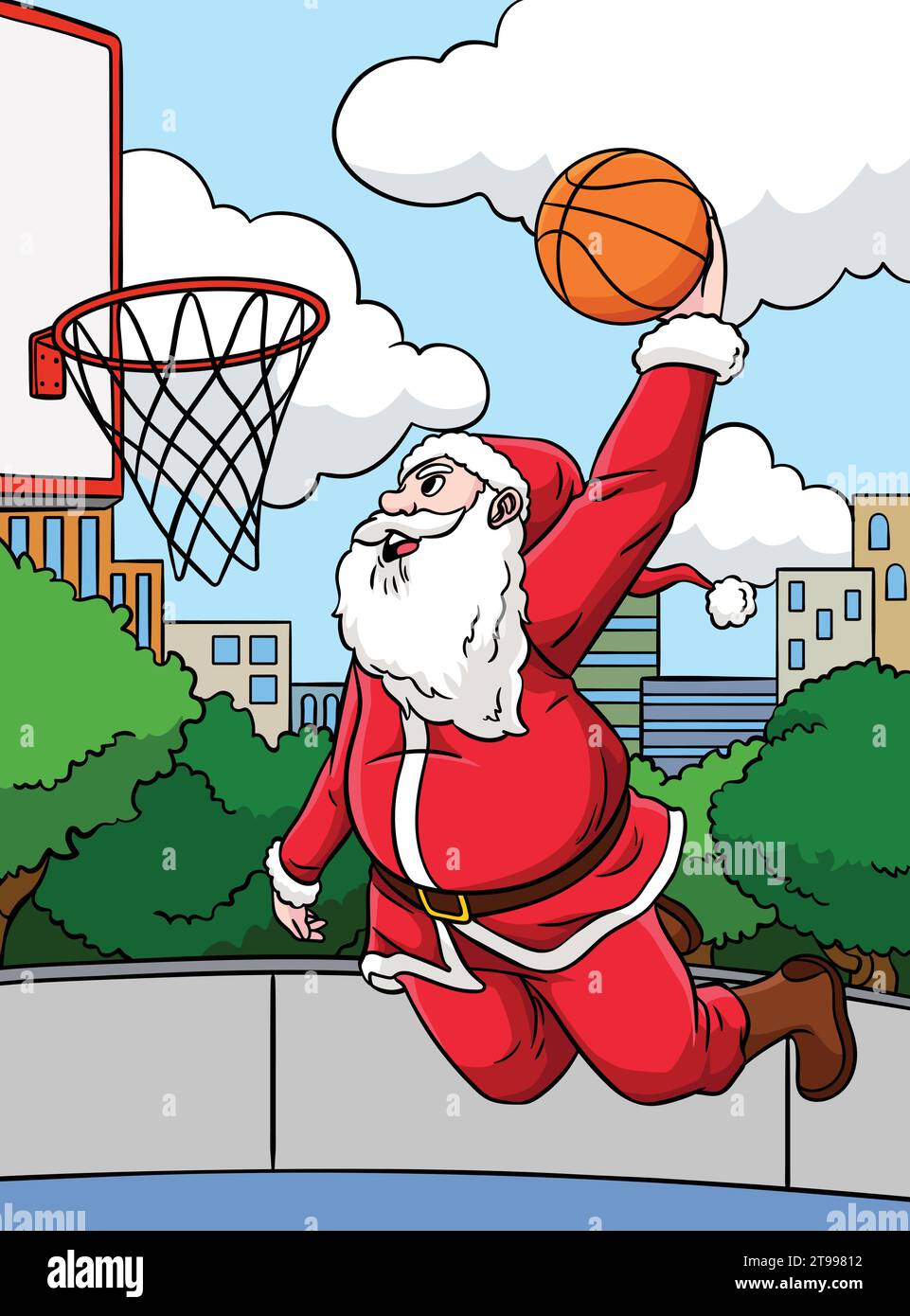 Basketball Santa Slam Dunk coloré Cartoon I Illustration de Vecteur