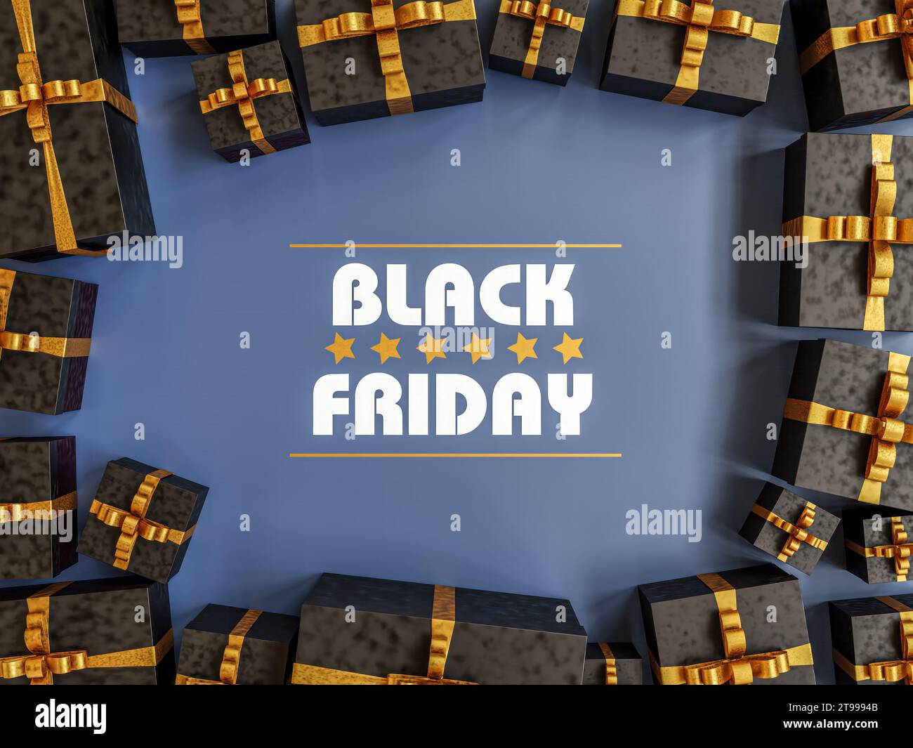 Rendu 3D de boîtes cardoards noires disposées en cadre sur fond bleu foncé - concept Black Friday Banque D'Images