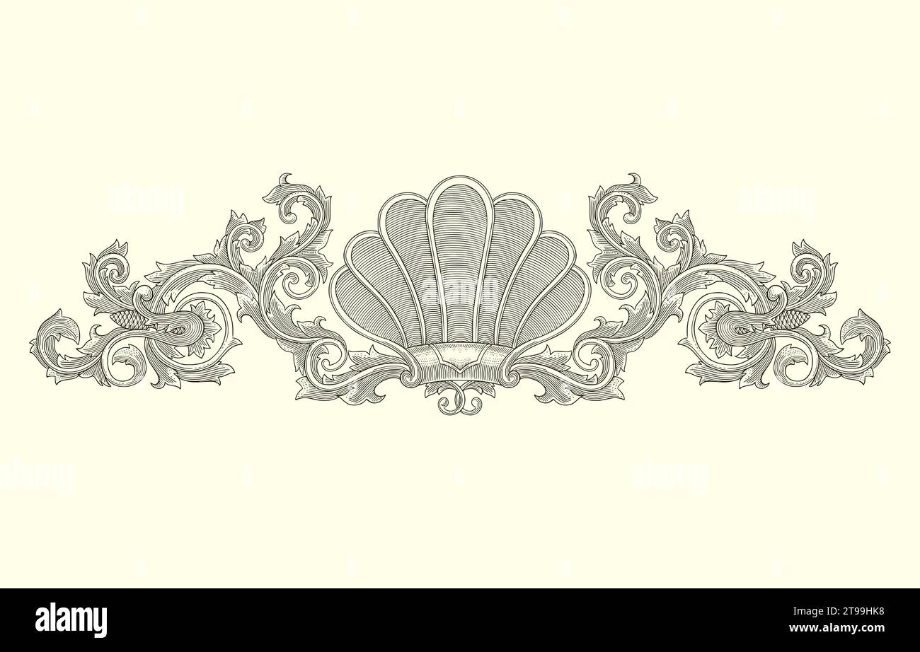 Coquille avec ornement floral, gravure vintage illustration vectorielle de style dessin Illustration de Vecteur