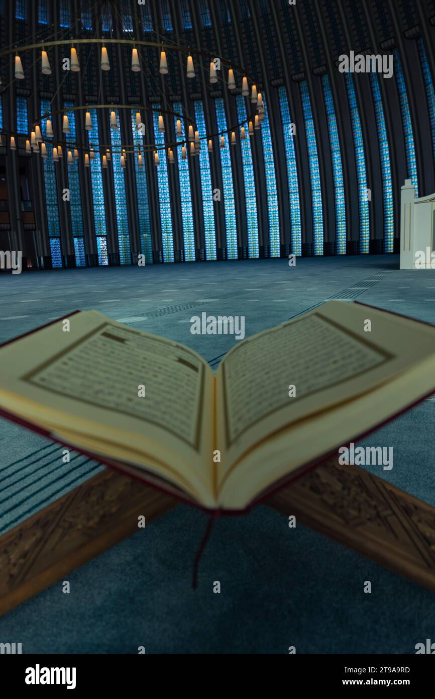 Photo de fond islamique. Le Saint Coran sur le stand de livres dans une mosquée. Ramadan kareem ou eid moubarak ou laylat al-qadr ou kadir gecesi concept photo. Banque D'Images