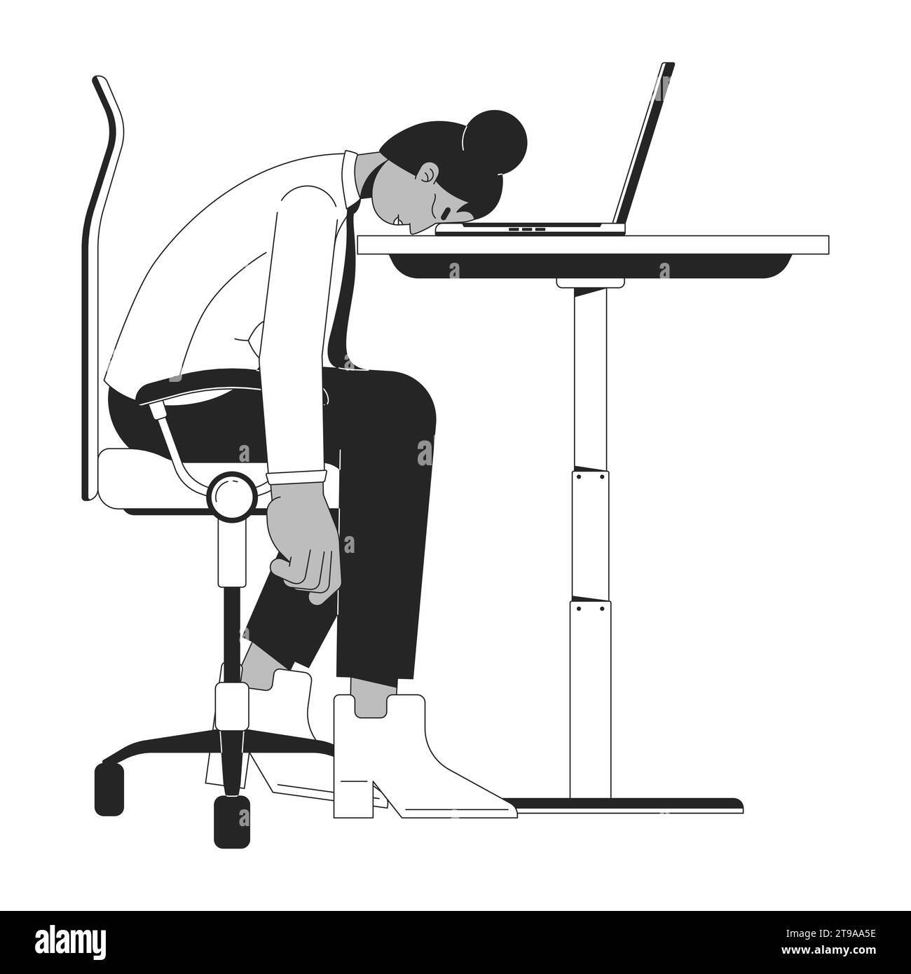 Employé noir stressé mettant la tête vers le bas sur le bureau noir et blanc personnage de dessin animé de ligne 2D. Illustration de Vecteur