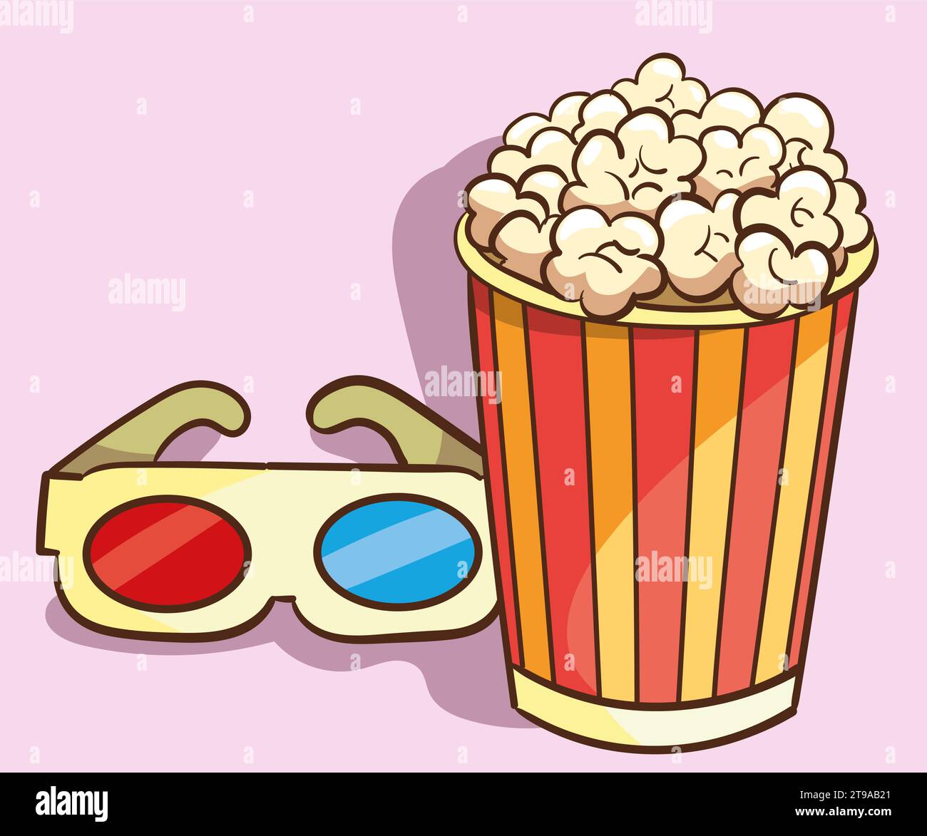 verres stéréo 3d, seau rayé pop-corn. Icônes vectorielles d'accessoires de cinéma isolées. Illustration de Vecteur