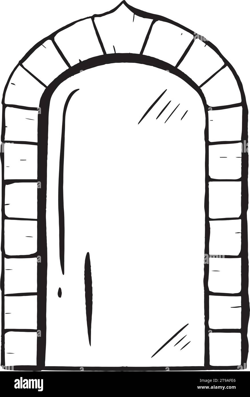 Vecteur dessiné à la main à l'encre. Porte vitrée ornée d'une arche en pierre. Entrée dans une boutique ou un restaurant. Elément extérieur antique. Entrée fermée. Arc de mariage Illustration de Vecteur
